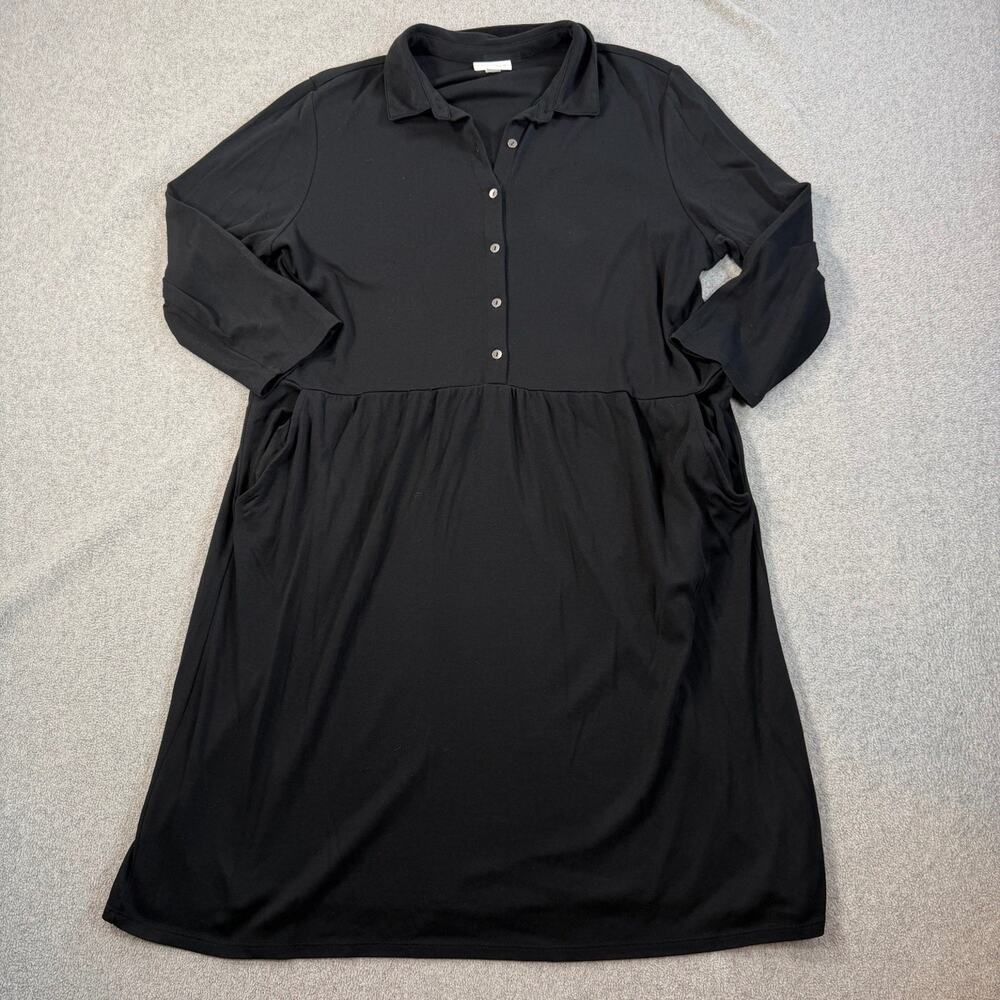 J.Jill Women's Large Black Button Front Collared Dress 3/4 Sleeve Pockets